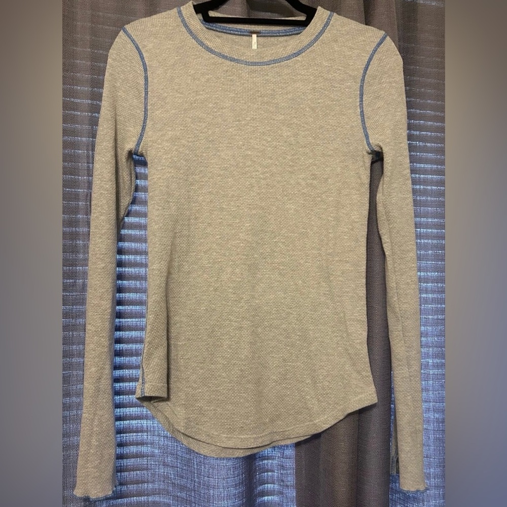 Free People Zip It Waffle Thermal Zipper Cuff Long Sleeve Grey Blue Trim